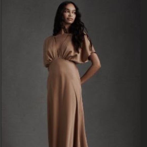 BHLDN Dresses & Skirts - BHLDN Leila Deep-V Flutter-Sleeve Satin A-Line Gown-SAND DUNE-US 6/UK 10